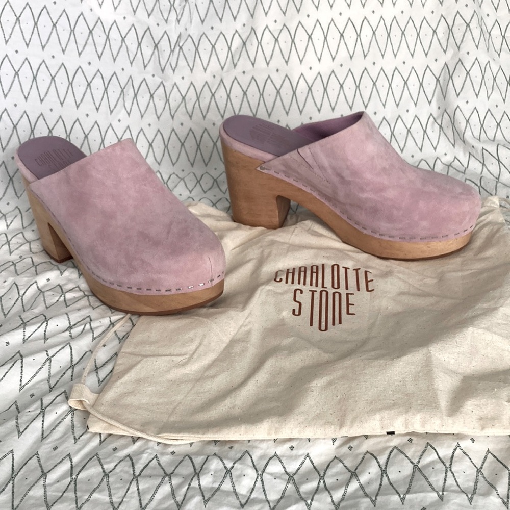 Excellent condition Charlotte Stone suede size 9 “Marlo” clogs in lilac color.